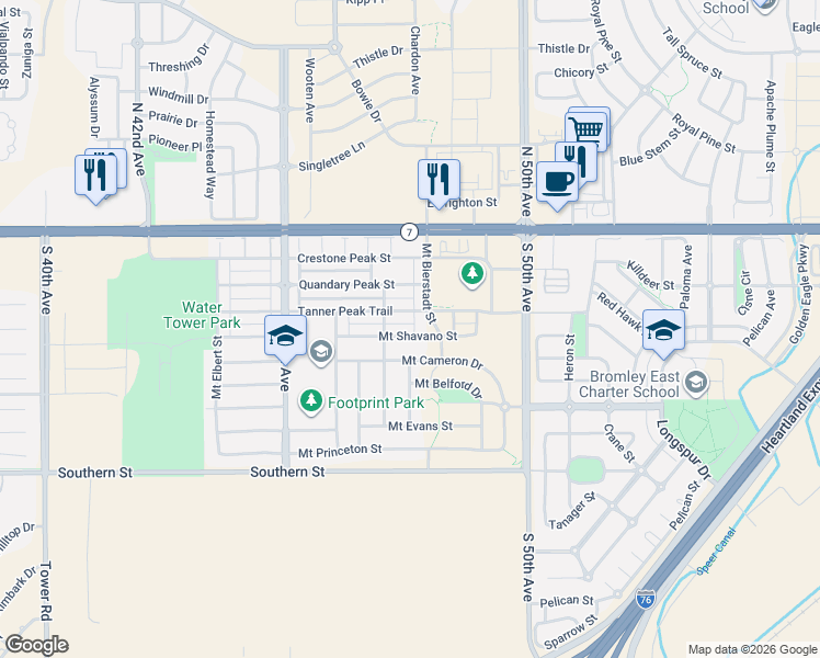 map of restaurants, bars, coffee shops, grocery stores, and more near 4755 Mount Shavano Street in Brighton