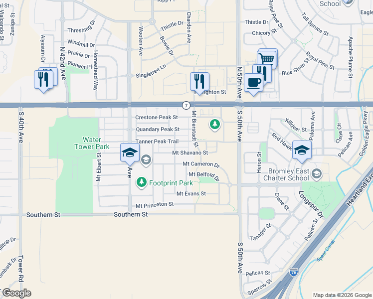 map of restaurants, bars, coffee shops, grocery stores, and more near 4749 Mount Shavano Street in Brighton