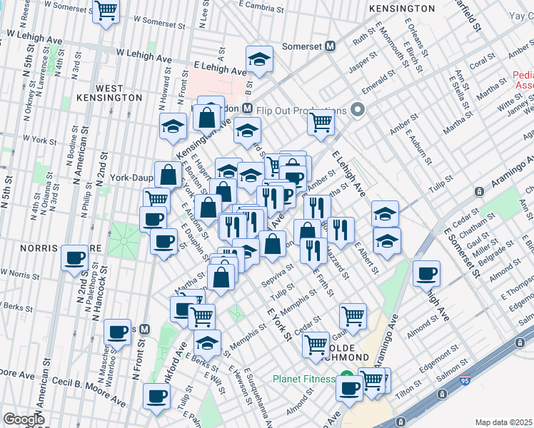 map of restaurants, bars, coffee shops, grocery stores, and more near 2073 East Cumberland Street in Philadelphia