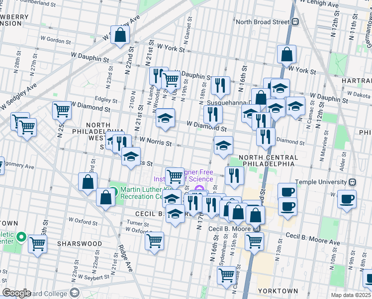 map of restaurants, bars, coffee shops, grocery stores, and more near 1820 West Norris Street in Philadelphia
