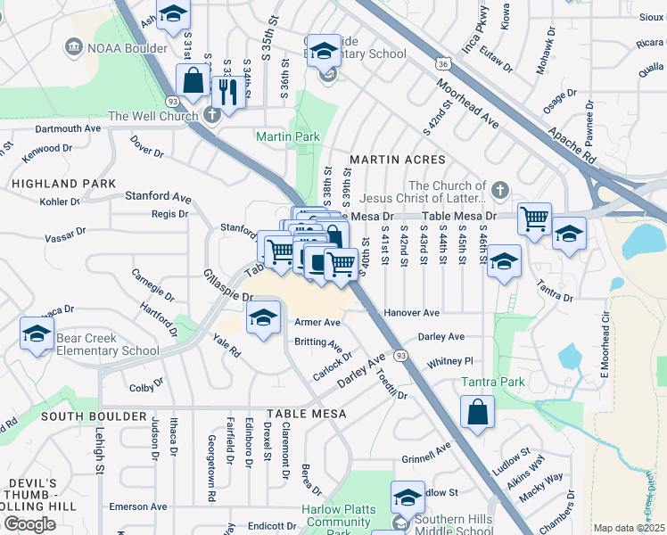 map of restaurants, bars, coffee shops, grocery stores, and more near 629 South Broadway in Boulder