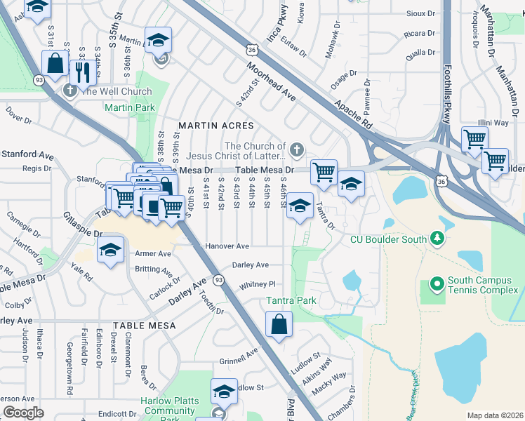 map of restaurants, bars, coffee shops, grocery stores, and more near 635 South 45th Street in Boulder