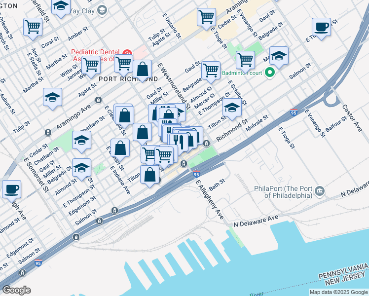 map of restaurants, bars, coffee shops, grocery stores, and more near 3210 Salmon Street in Philadelphia