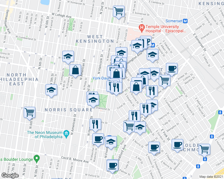 map of restaurants, bars, coffee shops, grocery stores, and more near 2226 North Hope Street in Philadelphia