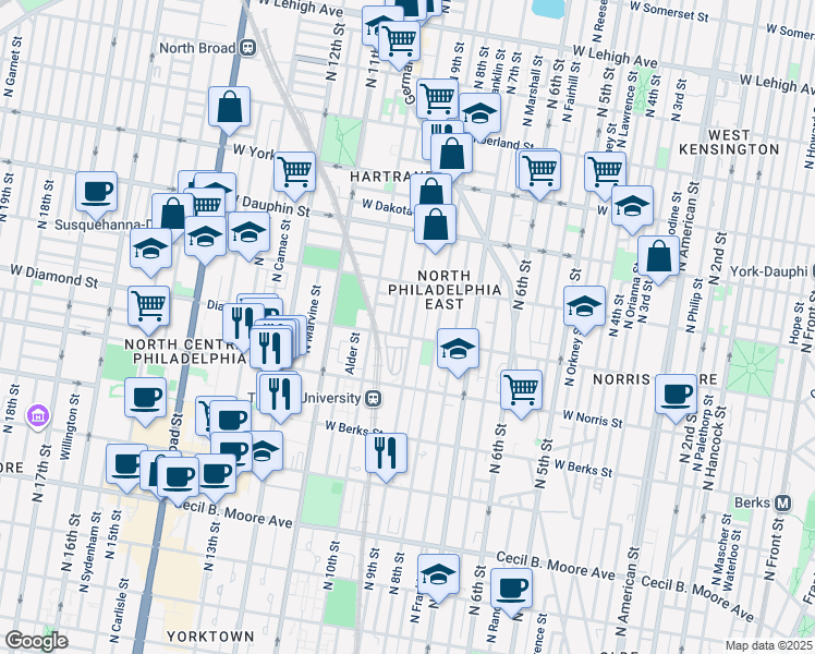 map of restaurants, bars, coffee shops, grocery stores, and more near 2104 North 9th Street in Philadelphia