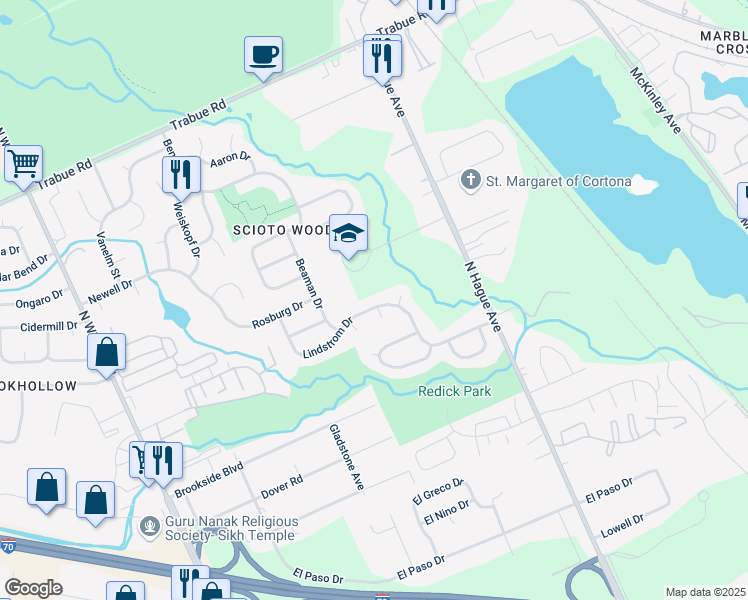 map of restaurants, bars, coffee shops, grocery stores, and more near 3338 Lindstrom Drive in Columbus