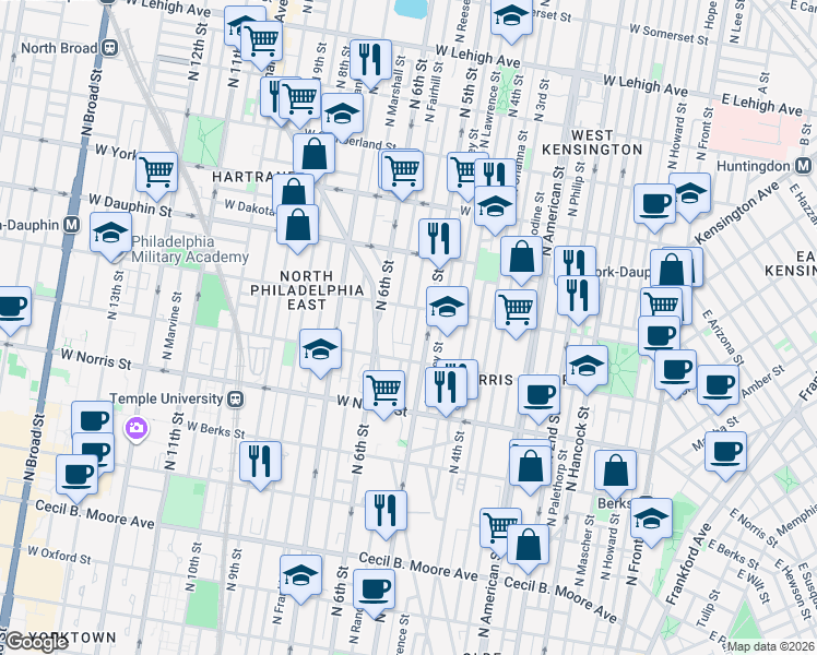 map of restaurants, bars, coffee shops, grocery stores, and more near 2139 North Randolph Street in Philadelphia