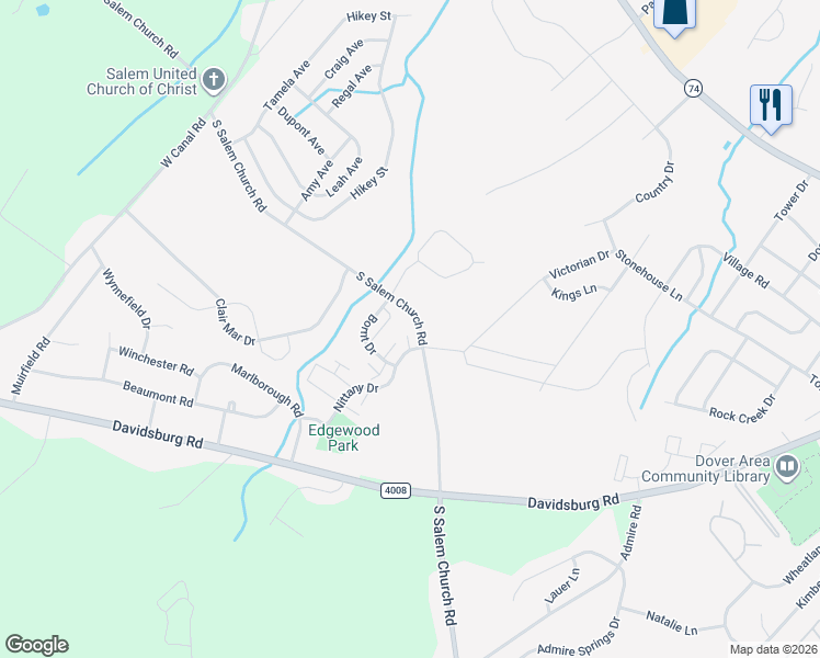 map of restaurants, bars, coffee shops, grocery stores, and more near 4560 South Salem Church Road in Dover
