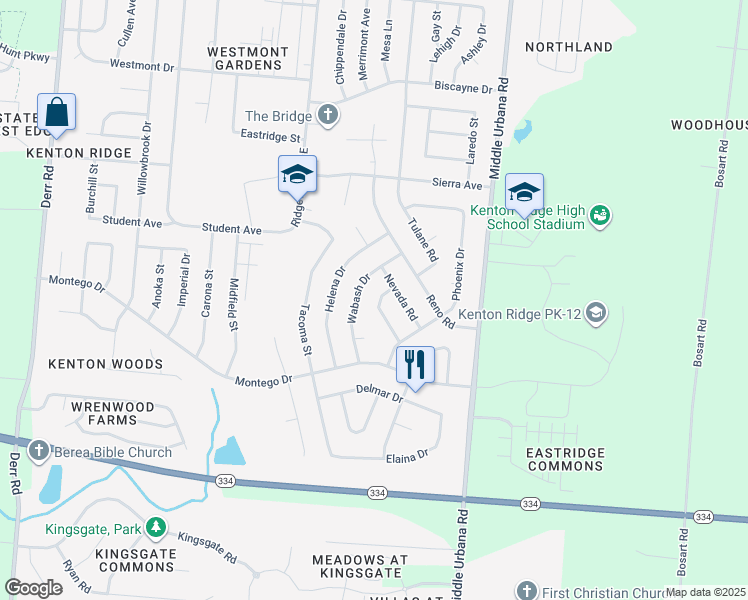 map of restaurants, bars, coffee shops, grocery stores, and more near 4255 Camelot Drive in Springfield