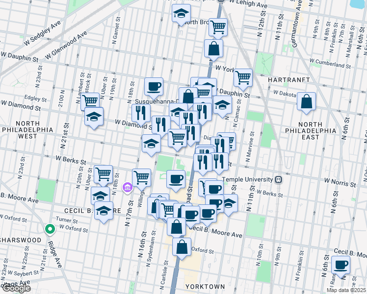 map of restaurants, bars, coffee shops, grocery stores, and more near 2029 North Carlisle Street in Philadelphia