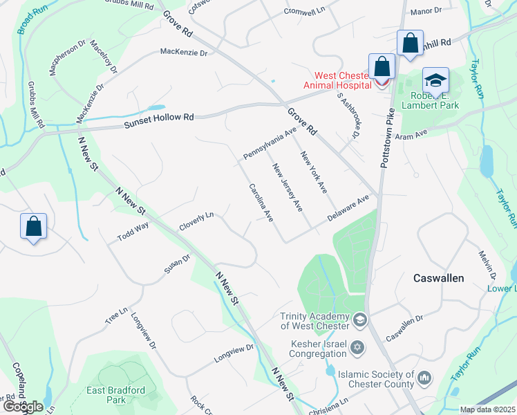 map of restaurants, bars, coffee shops, grocery stores, and more near 1114 Carolina Avenue in West Chester