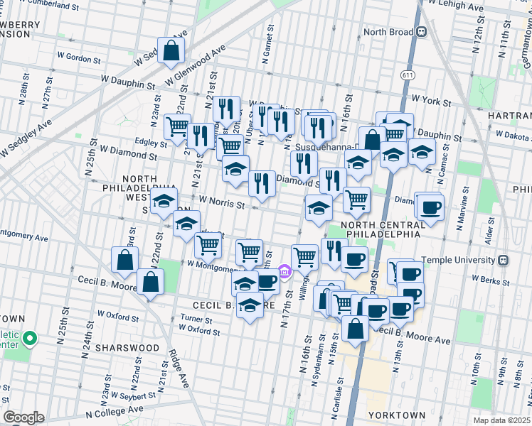 map of restaurants, bars, coffee shops, grocery stores, and more near 1818 West Norris Street in Philadelphia
