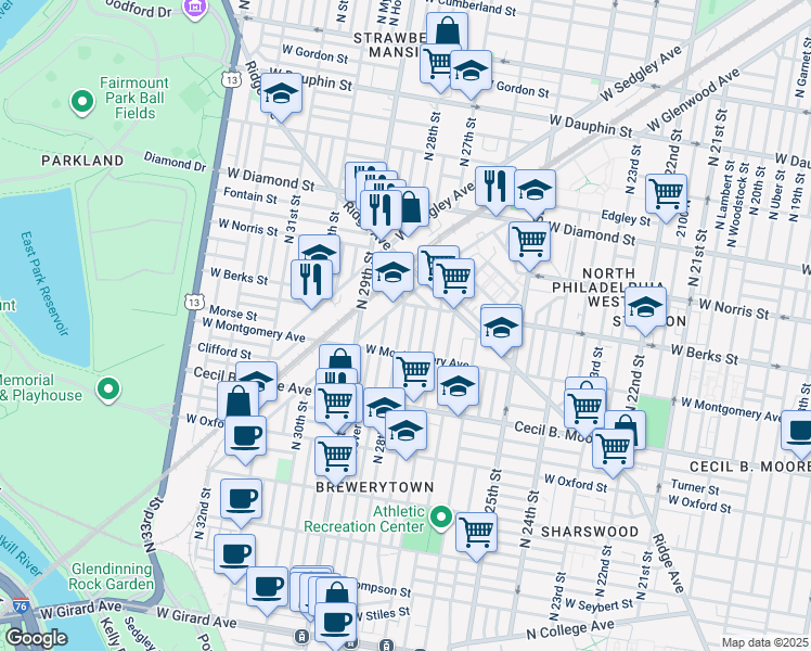 map of restaurants, bars, coffee shops, grocery stores, and more near 1837 North 28th Street in Philadelphia