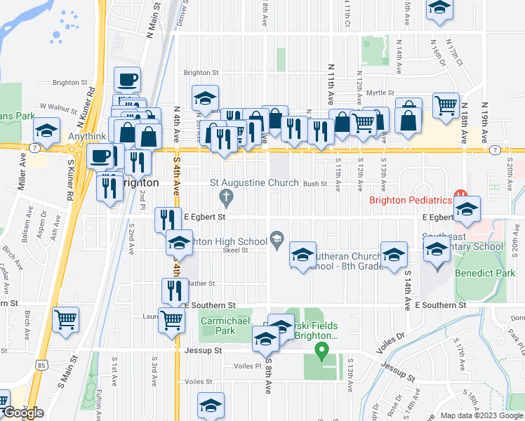 map of restaurants, bars, coffee shops, grocery stores, and more near 187 South 8th Avenue in Brighton