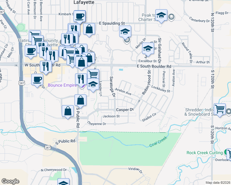 map of restaurants, bars, coffee shops, grocery stores, and more near 1616 Saratoga Drive in Lafayette