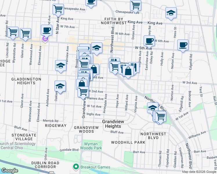 map of restaurants, bars, coffee shops, grocery stores, and more near 1345 Murrell Avenue in Columbus