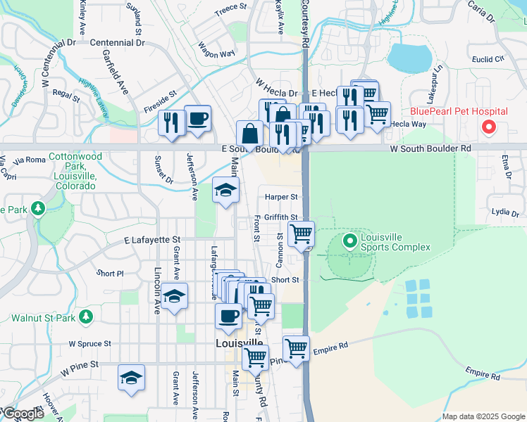 map of restaurants, bars, coffee shops, grocery stores, and more near 1412 Front Street in Louisville