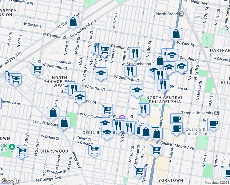 map of restaurants, bars, coffee shops, grocery stores, and more near 1814 West Norris Street in Philadelphia