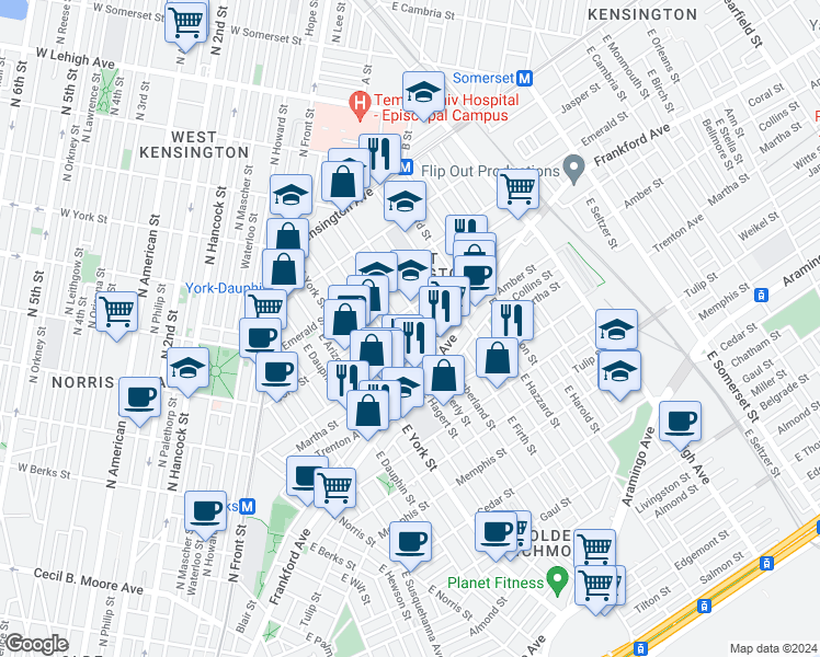 map of restaurants, bars, coffee shops, grocery stores, and more near 2055 East Letterly Street in Philadelphia