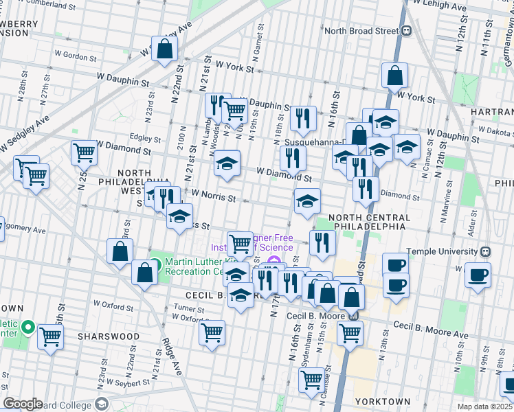 map of restaurants, bars, coffee shops, grocery stores, and more near 1816 West Norris Street in Philadelphia