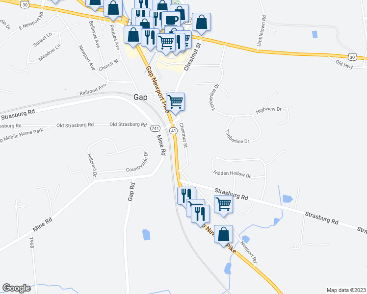 map of restaurants, bars, coffee shops, grocery stores, and more near 918 Chestnut Street in Gap