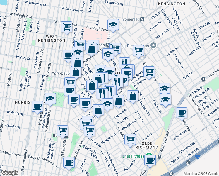 map of restaurants, bars, coffee shops, grocery stores, and more near 2055 East Letterly Street in Philadelphia
