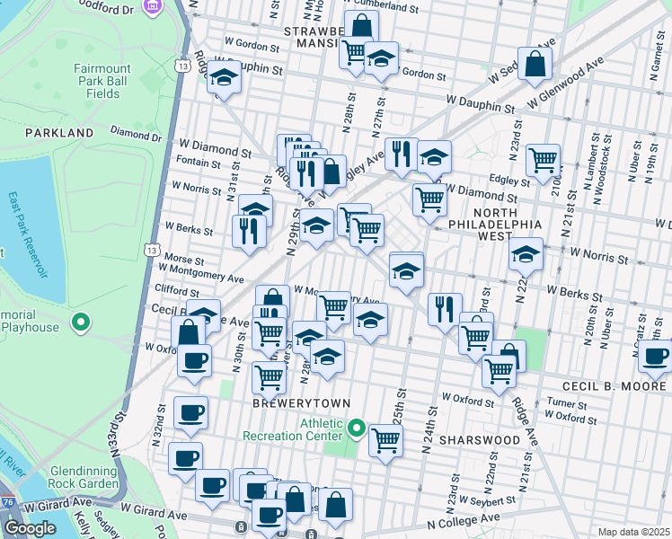 map of restaurants, bars, coffee shops, grocery stores, and more near 1843 North Marston Street in Philadelphia