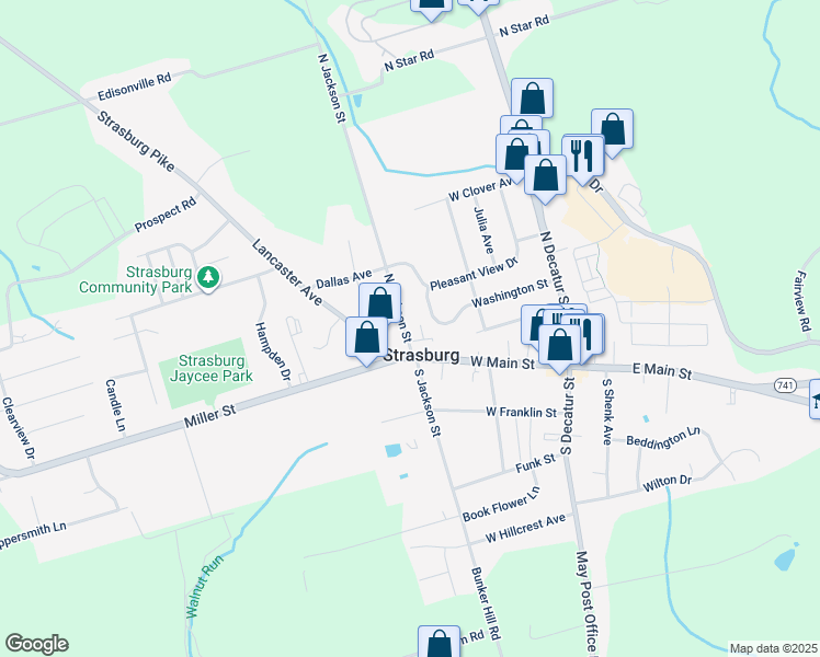 map of restaurants, bars, coffee shops, grocery stores, and more near 14 North Jackson Street in Strasburg