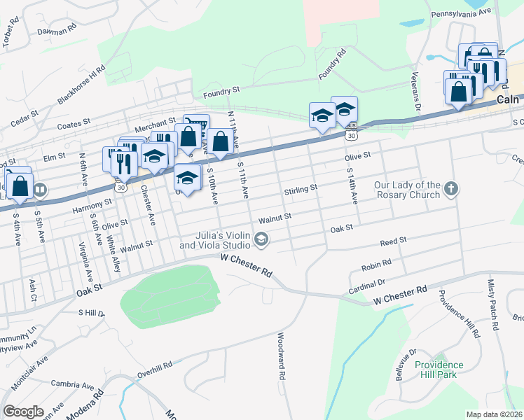 map of restaurants, bars, coffee shops, grocery stores, and more near 1107 Buttonwood Street in Coatesville