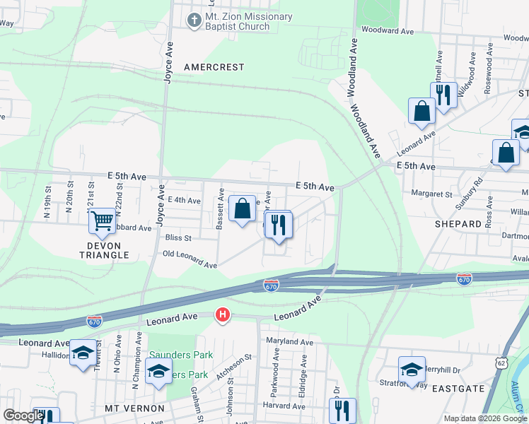 map of restaurants, bars, coffee shops, grocery stores, and more near 833 Taylor Avenue in Columbus