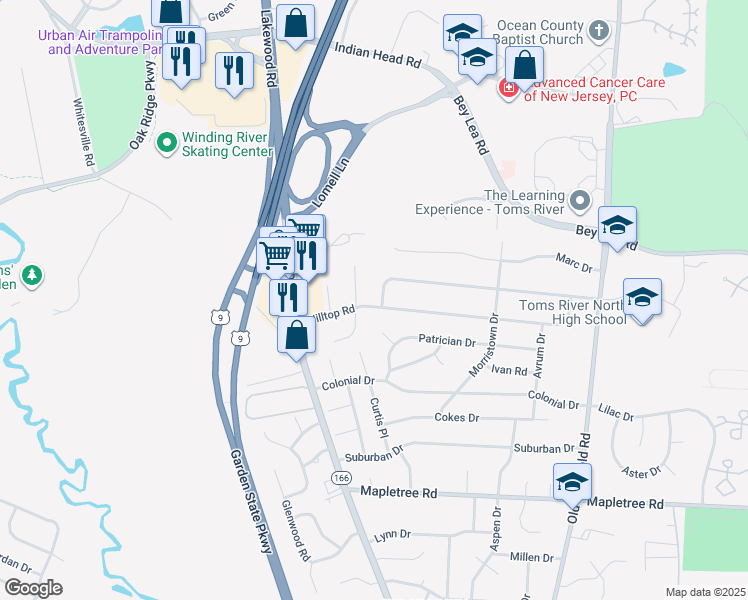 map of restaurants, bars, coffee shops, grocery stores, and more near 304 Hilltop Road in Toms River