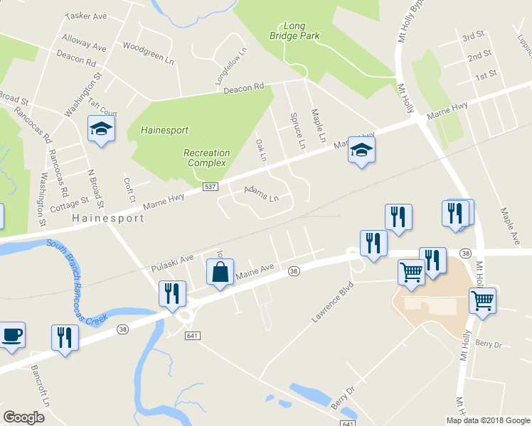 map of restaurants, bars, coffee shops, grocery stores, and more near 17 Patriot Way in Hainesport