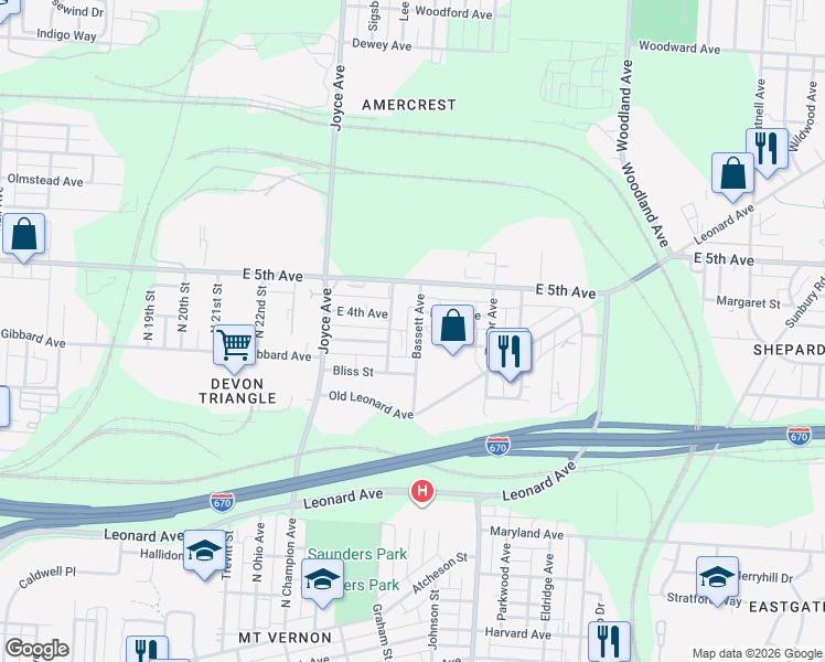 map of restaurants, bars, coffee shops, grocery stores, and more near 843 Bassett Avenue in Columbus