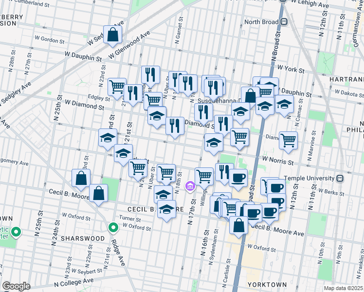 map of restaurants, bars, coffee shops, grocery stores, and more near 1958 North 18th Street in Philadelphia