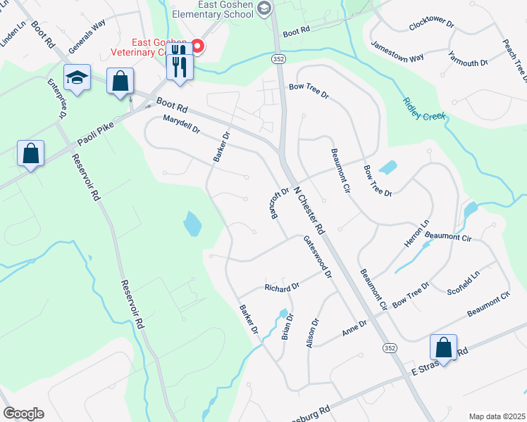 map of restaurants, bars, coffee shops, grocery stores, and more near 1537 Bancroft Drive in West Chester