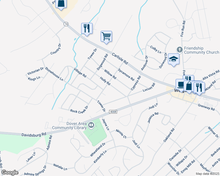 map of restaurants, bars, coffee shops, grocery stores, and more near 2510 Redwood Road in Dover
