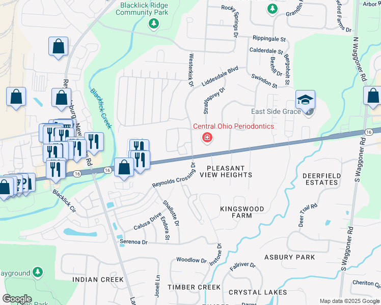 map of restaurants, bars, coffee shops, grocery stores, and more near 29 Bannockburn Boulevard in Blacklick