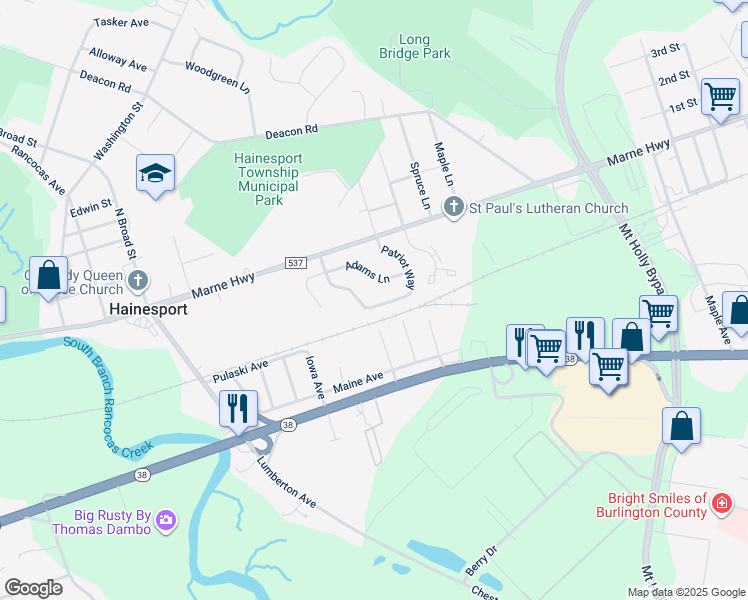 map of restaurants, bars, coffee shops, grocery stores, and more near 17 Patriot Way in Hainesport