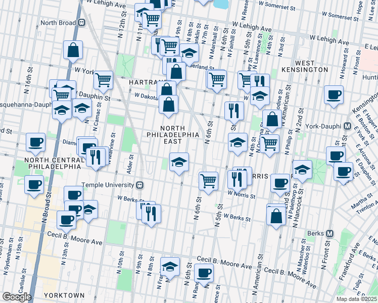 map of restaurants, bars, coffee shops, grocery stores, and more near 2127 North 7th Street in Philadelphia