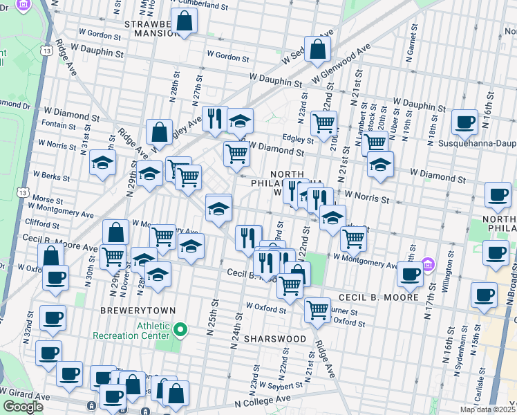 map of restaurants, bars, coffee shops, grocery stores, and more near 2347 West Berks Street in Philadelphia