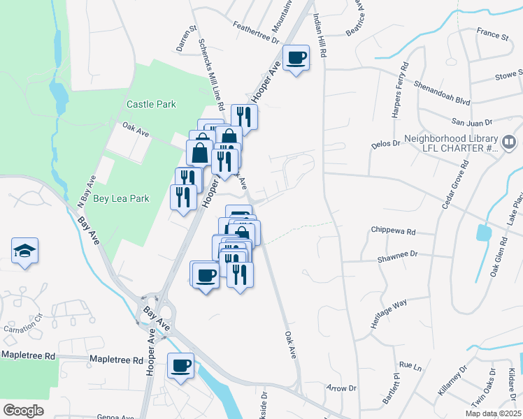 map of restaurants, bars, coffee shops, grocery stores, and more near 101 Wales Lane in Toms River