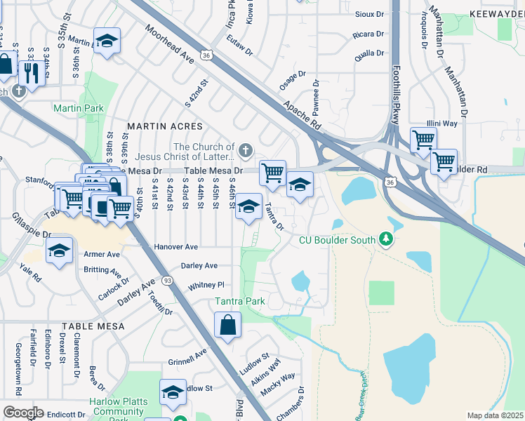 map of restaurants, bars, coffee shops, grocery stores, and more near 685 Tantra Drive in Boulder