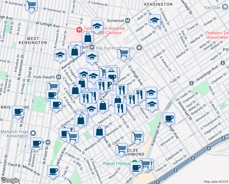 map of restaurants, bars, coffee shops, grocery stores, and more near 2553 Collins Street in Philadelphia