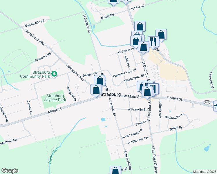 map of restaurants, bars, coffee shops, grocery stores, and more near 14 North Jackson Street in Strasburg