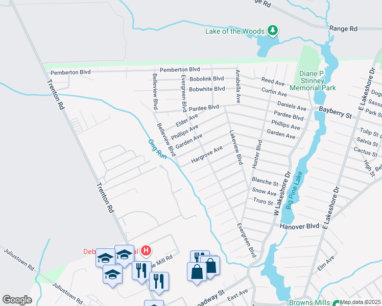 map of restaurants, bars, coffee shops, grocery stores, and more near 427 Dennis Avenue in Pemberton Township