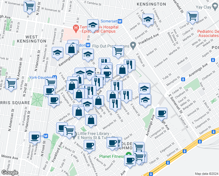 map of restaurants, bars, coffee shops, grocery stores, and more near 2553 Collins Street in Philadelphia