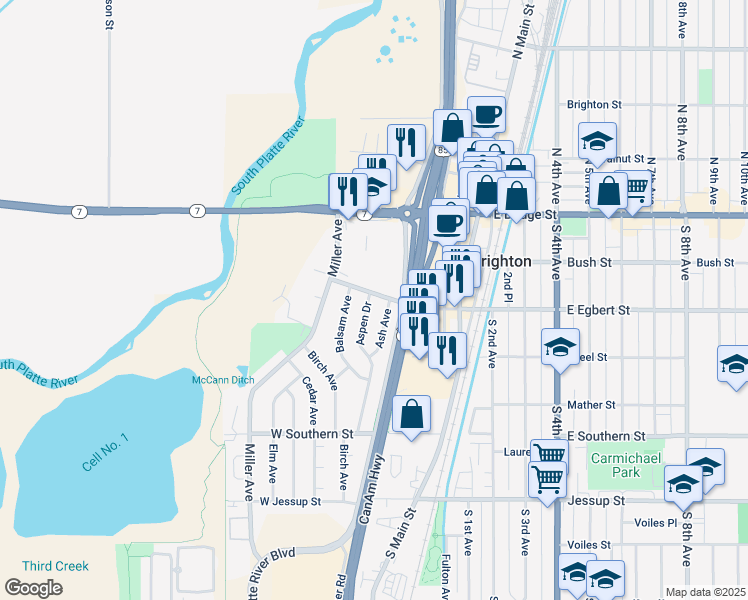 map of restaurants, bars, coffee shops, grocery stores, and more near 200 Aspen Drive in Brighton