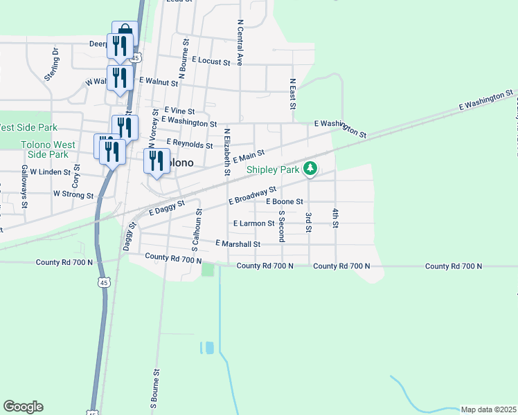 map of restaurants, bars, coffee shops, grocery stores, and more near 501 East Boone Street in Tolono