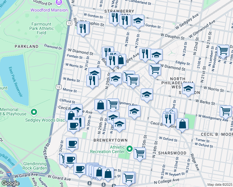 map of restaurants, bars, coffee shops, grocery stores, and more near 1838 North 28th Street in Philadelphia