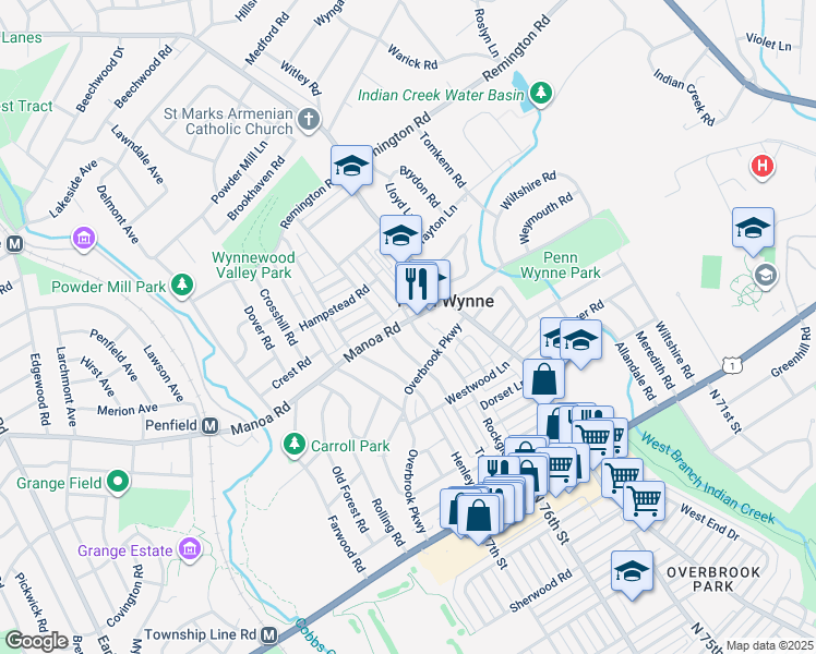 map of restaurants, bars, coffee shops, grocery stores, and more near 1440 Manoa Road in Wynnewood